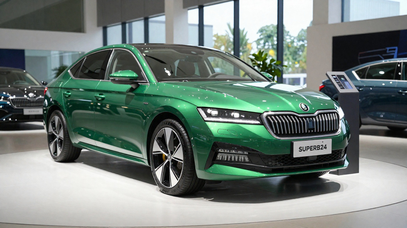 Carro sedan verde metálico Skoda Superb24 exposto em showroom moderno com iluminação natural.