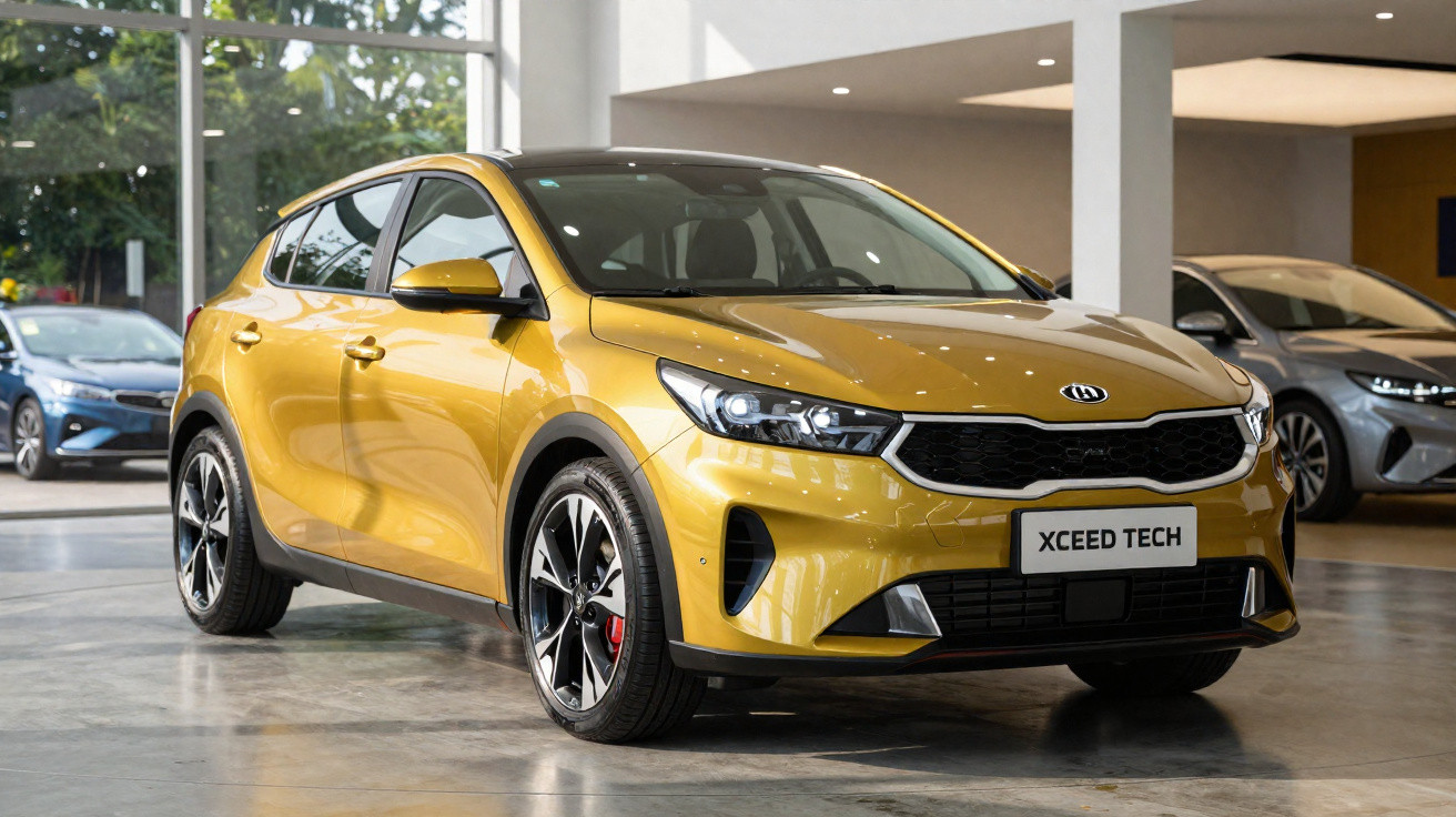 Carro Kia XCeed Tech amarelo em showroom moderno com piso de concreto polido e luz natural.
