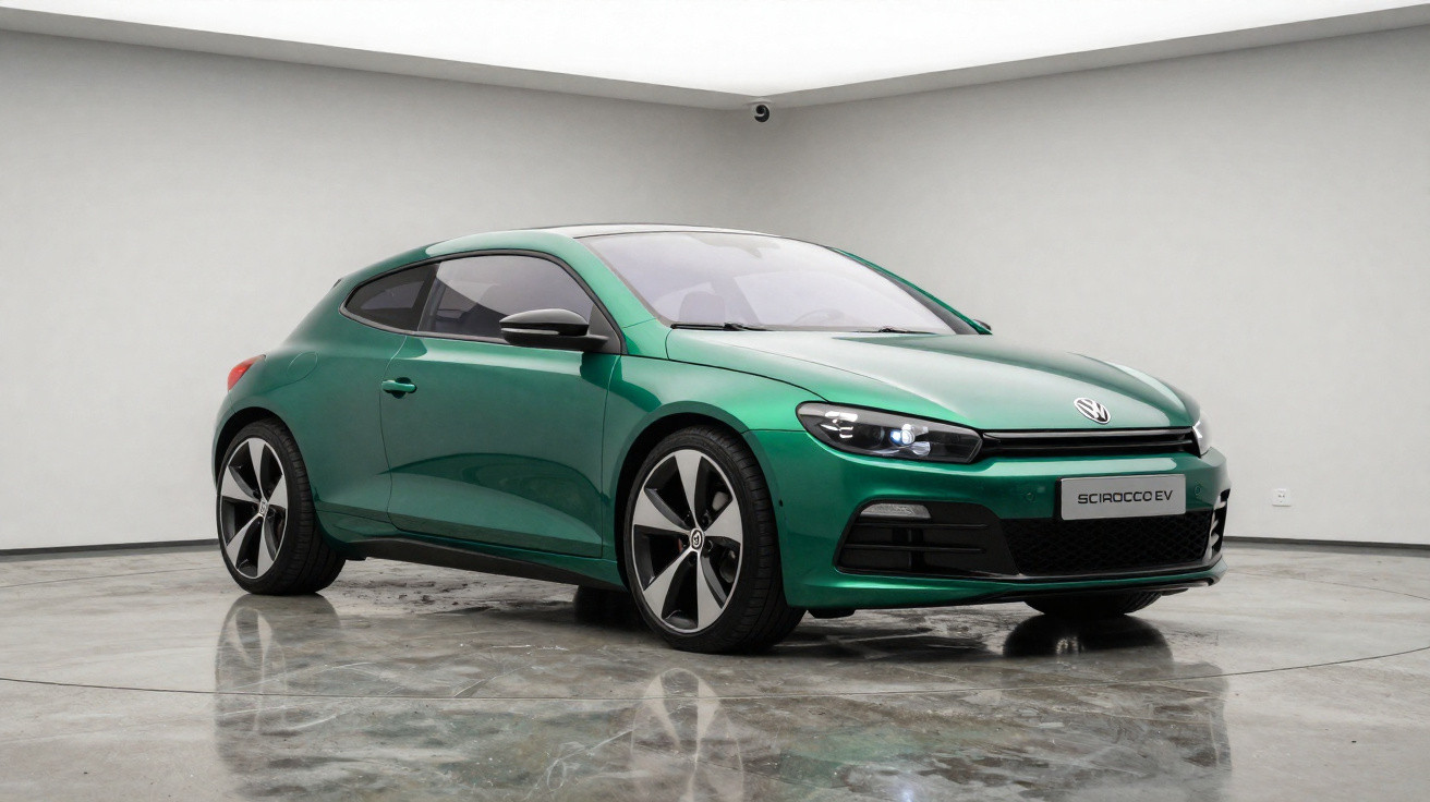 Carro elétrico Volkswagen Scirocco EV verde em estúdio com piso refletivo e paredes brancas.