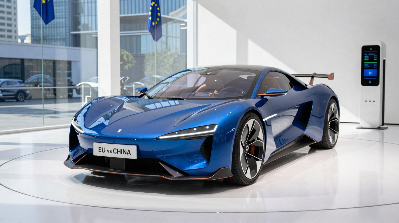 Carro esportivo elétrico azul exibido em showroom moderno com placa "EU vs CHINA" e estação de carregamento elétrica.