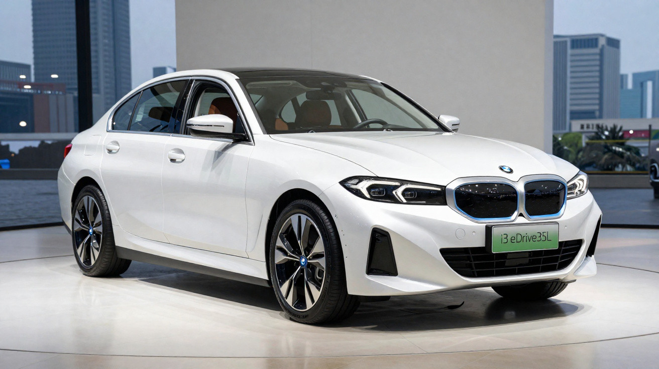 Carro sedan BMW branco elétrico modelo i3 eDrive 35L exposto em ambiente interno moderno.
