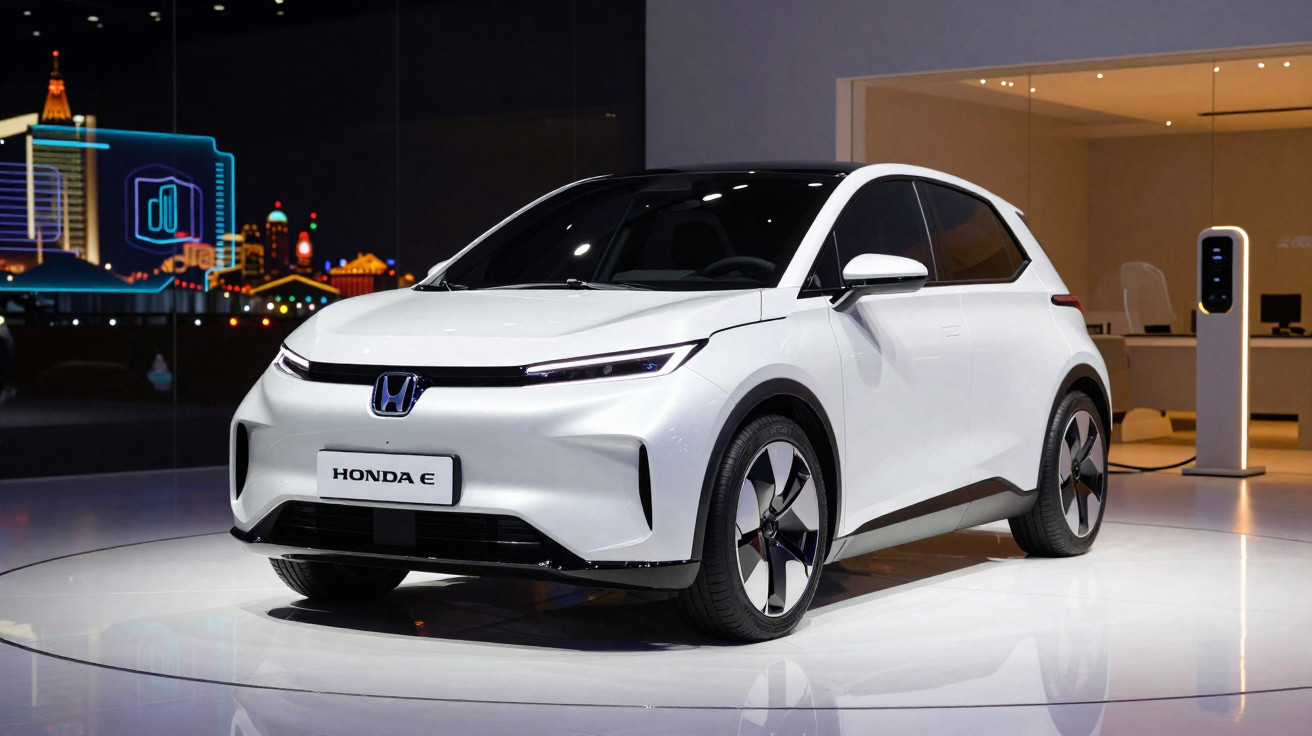 Carro elétrico Honda e branco exposto em ambiente interno com fachada de vidro ao fundo à noite.