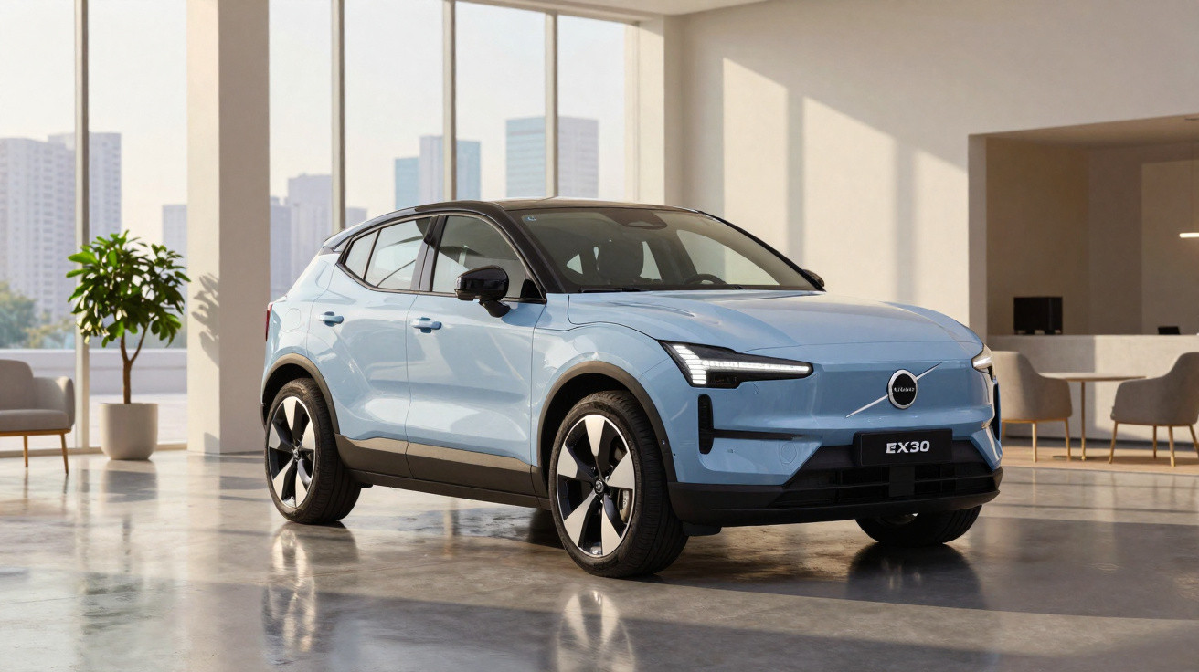 SUV elétrico Volvo EX30 azul claro em ambiente interno moderno com piso refletivo e janelas amplas.