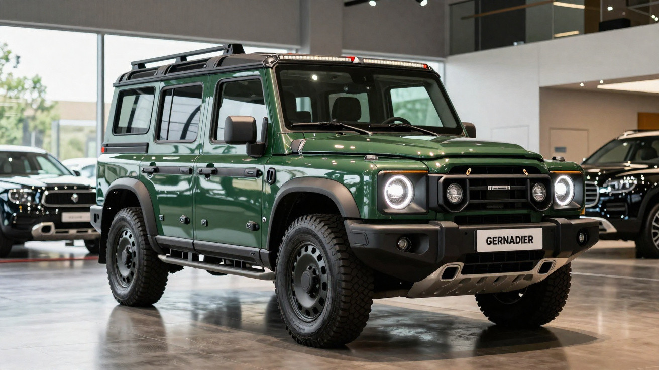 SUV verde Gernadier estacionado em showroom moderno com vidro e outros carros ao fundo.