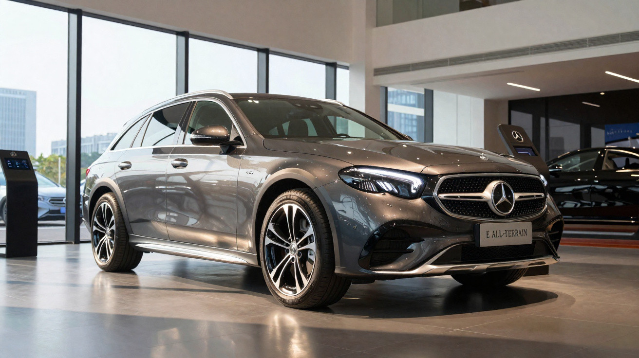 Carro Mercedes-Benz E All-Terrain cinza estacionado em showroom moderno com grandes janelas de vidro.