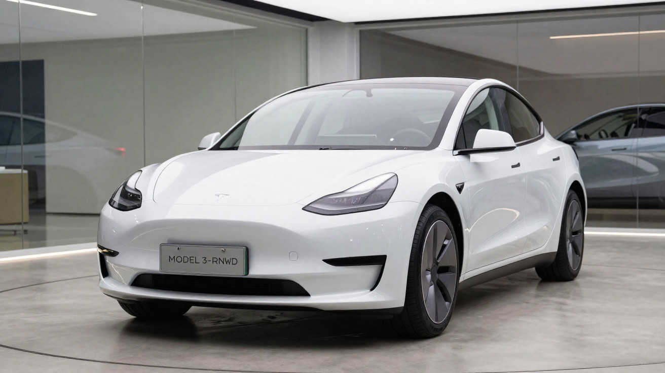 Carro elétrico branco Tesla Model 3 estacionado em ambiente interno moderno.