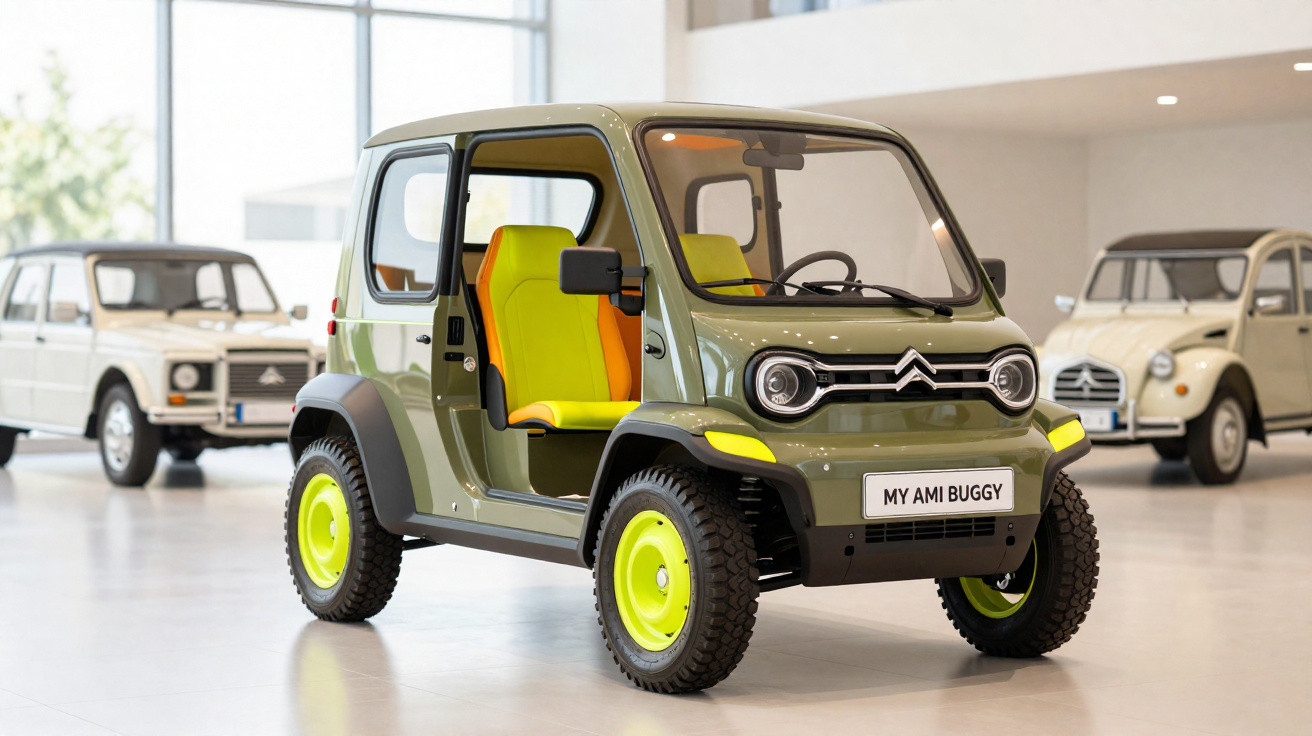 Carro elétrico Citroën My Ami Buggy verde com detalhes amarelos e interior aberto em exposição interna.