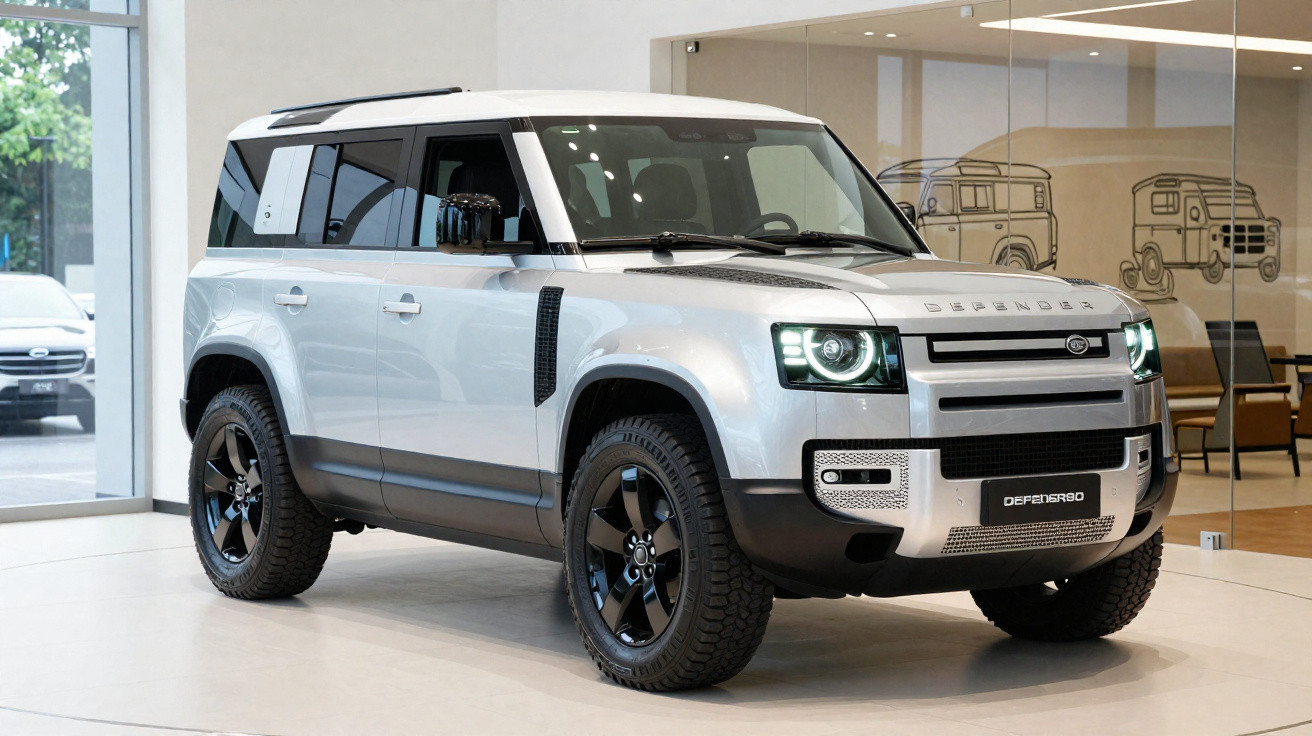SUV Land Rover Defender prata estacionado em showroom moderno com parede de vidro ao fundo.