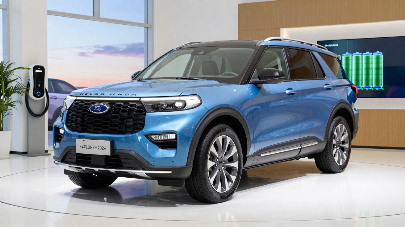 SUV elétrico azul Ford Explorer 2024 em exposição com estação de recarga ao lado.