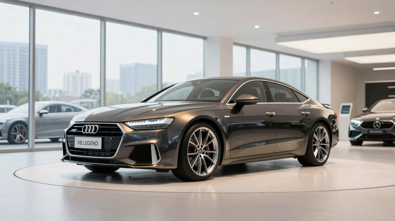 Audi V8 Legend cinza exposto em showroom moderno com fachada de vidro e outros carros ao fundo.