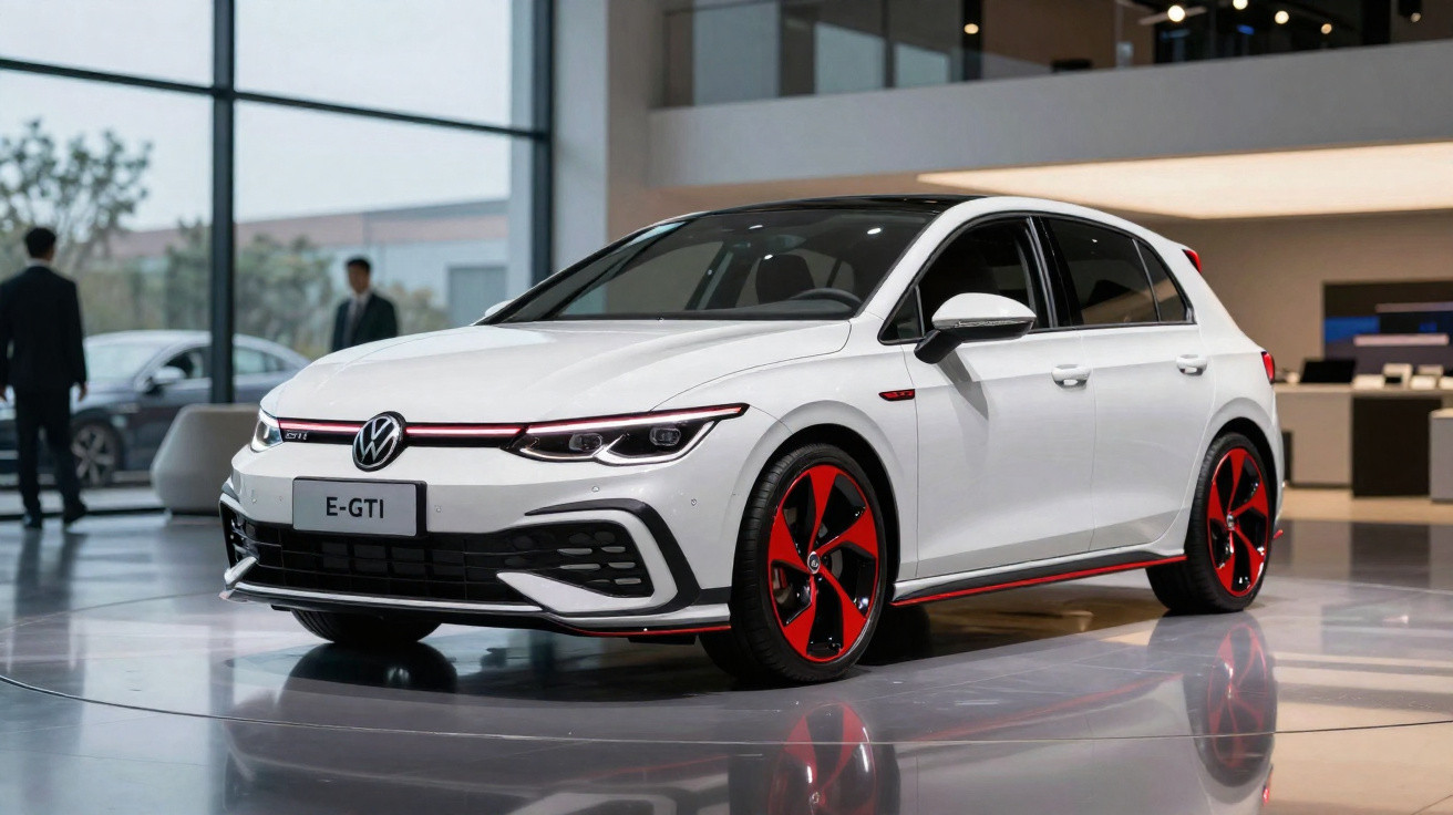 Carro Volkswagen E-GTI branco com rodas vermelhas em exposição interna com pessoas ao fundo.