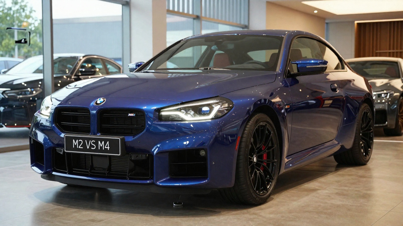 Carro esportivo BMW azul M2 VS M4 em exposição dentro de showroom moderno.