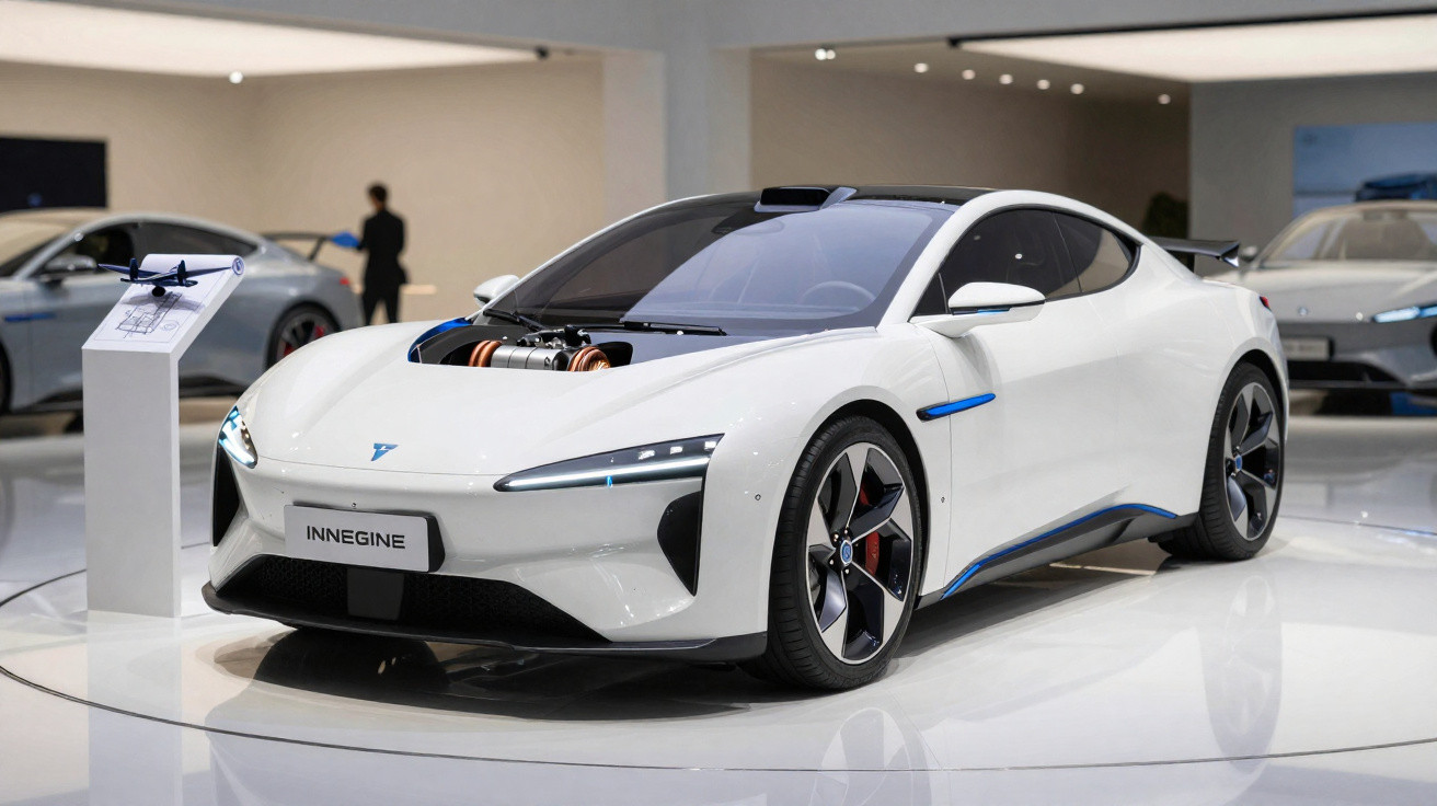 Carro esportivo elétrico branco exposto em salão, com motor parcialmente visível no capô.