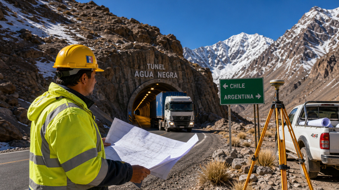 Engenheiro com capacete e planta observa caminhão saindo do Túnel Agua Negra entre Chile e Argentina.