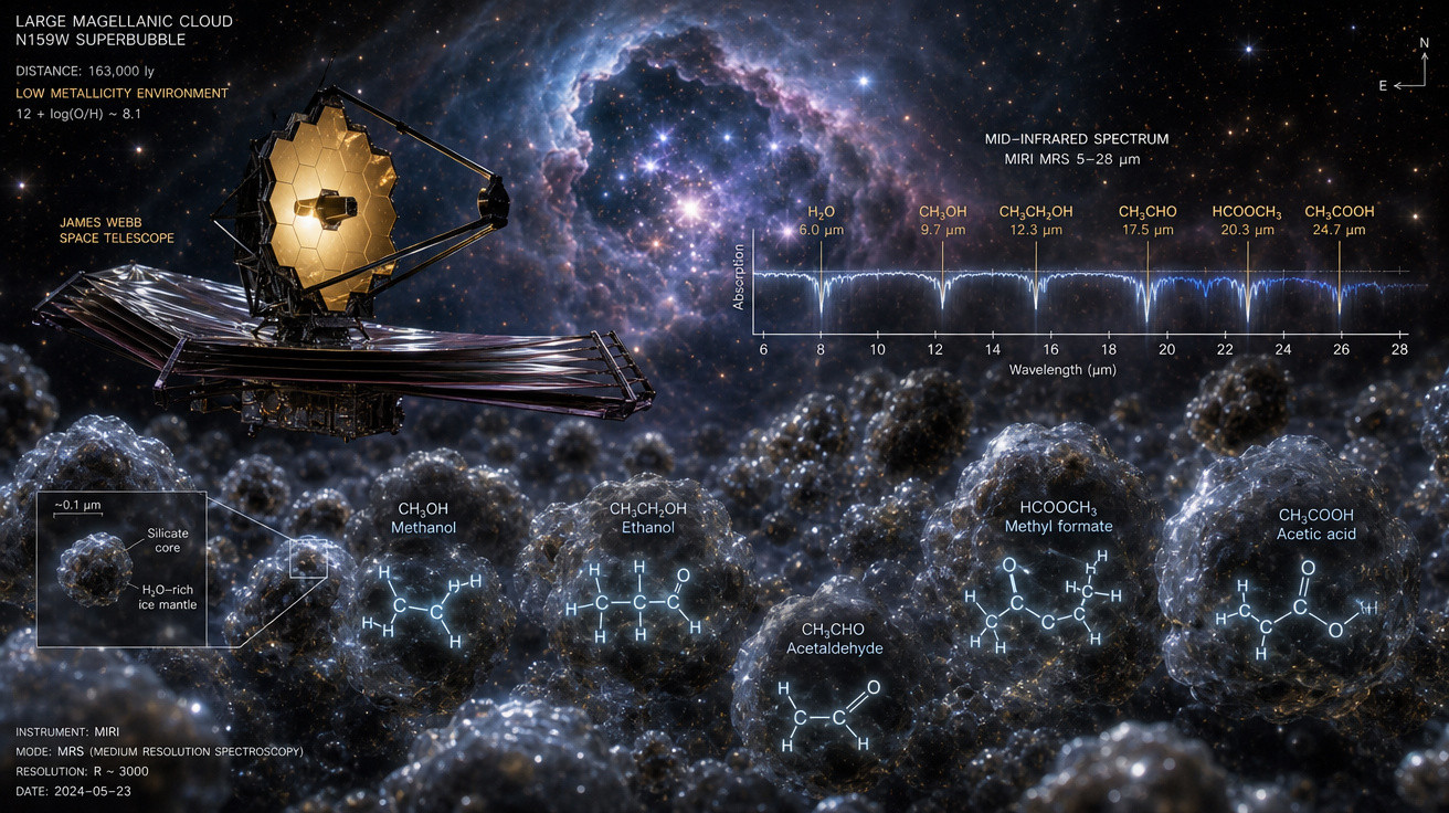 Ilustração do Telescópio James Webb observando moléculas no Magalhães Nuvem Gigante.