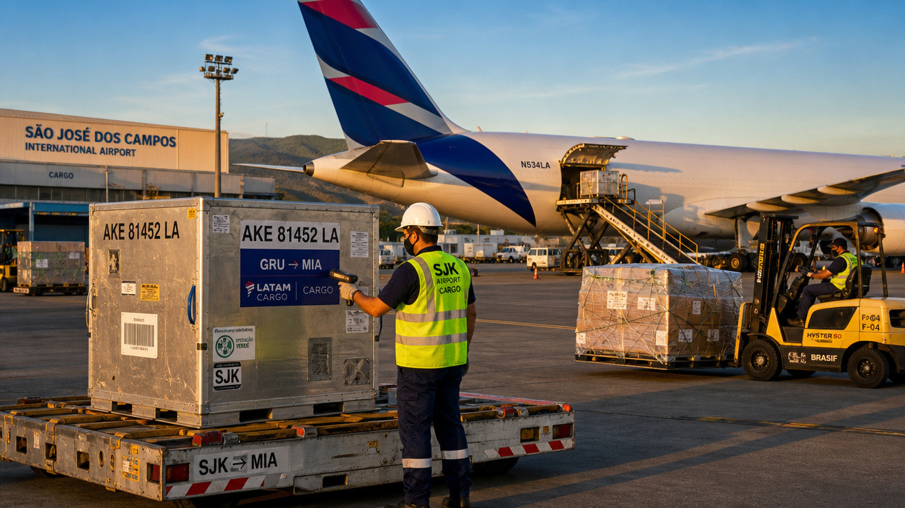 Trabalhadores carregam cargas em contêineres no pátio do Aeroporto Internacional de São José dos Campos ao pôr do sol.