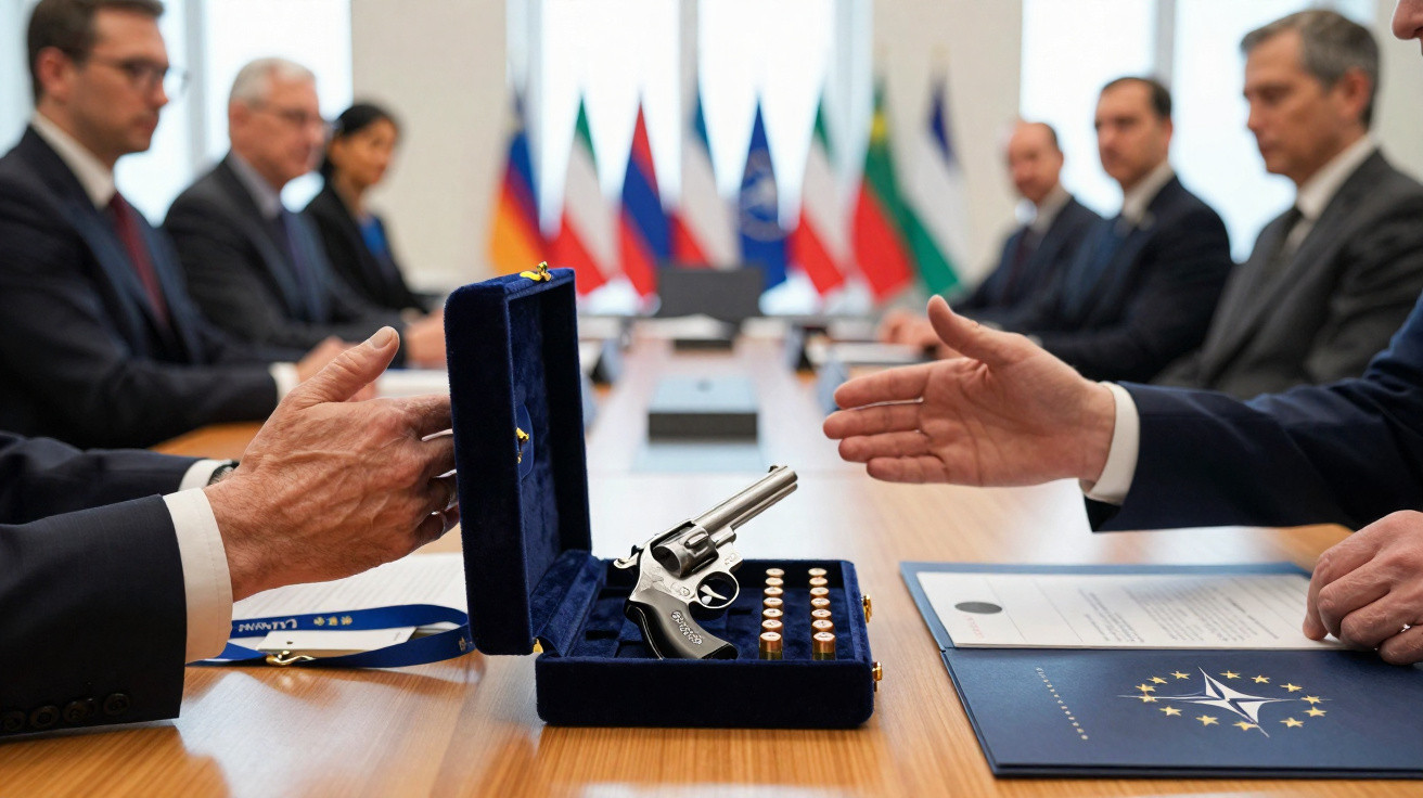 Reunião formal com arma em estojo aberto e duas mãos estendidas para cumprimento na mesa.