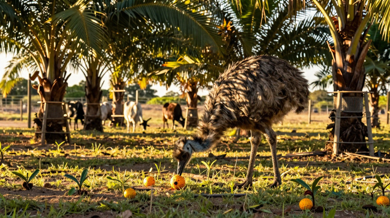 Emu adulto comendo frutas no chão em área rural com palmeiras e bois ao fundo ao pôr do sol.