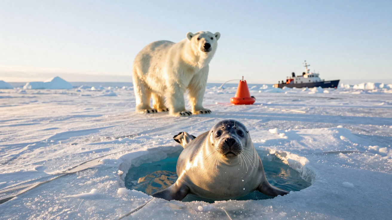 Foca saindo do buraco no gelo com urso polar e barco ao fundo em região ártica.