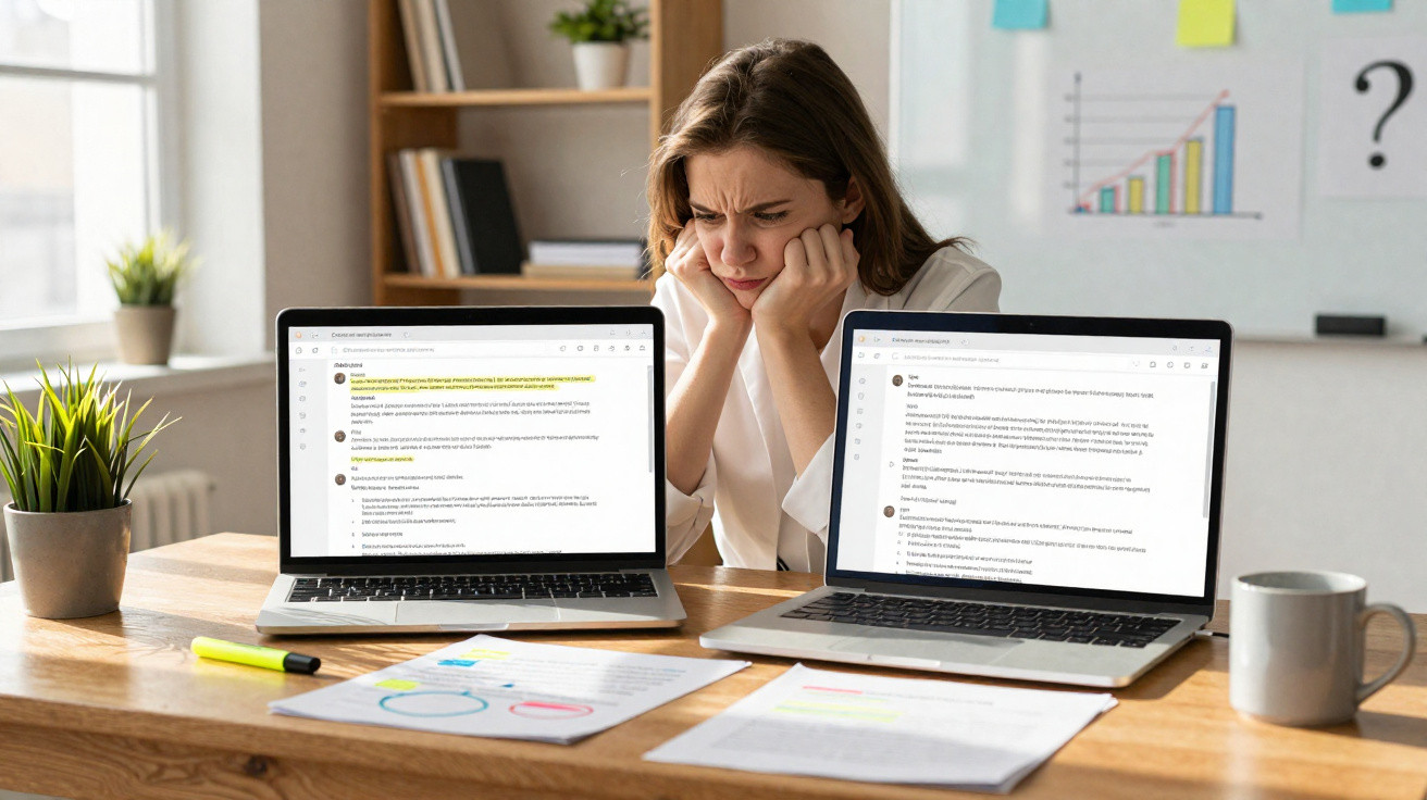 Mulher preocupada olhando para dois laptops com documentos e gráficos em uma mesa de trabalho.