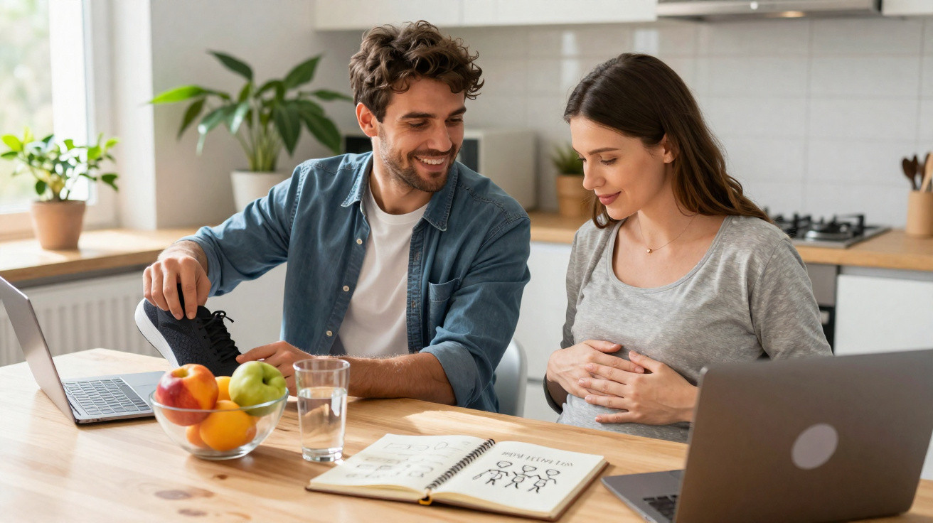 Casal jovem sentado à mesa da cozinha, ela grávida segurando a barriga, ele segurando um tênis.
