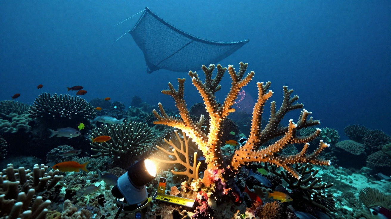 Recife de coral iluminado por lanternas sob água azul com rede de pesca ao fundo e peixes coloridos ao redor.