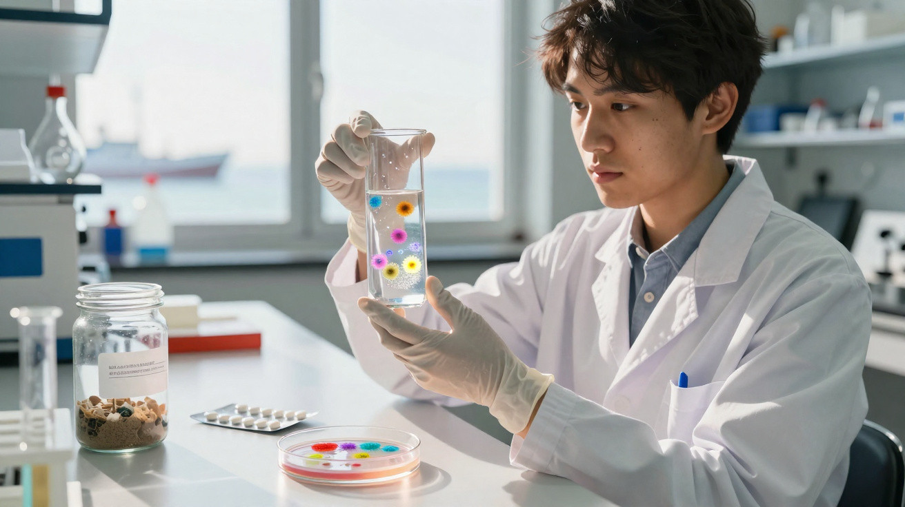 Cientista observa solução com colônias coloridas em laboratório moderno iluminado pela janela.