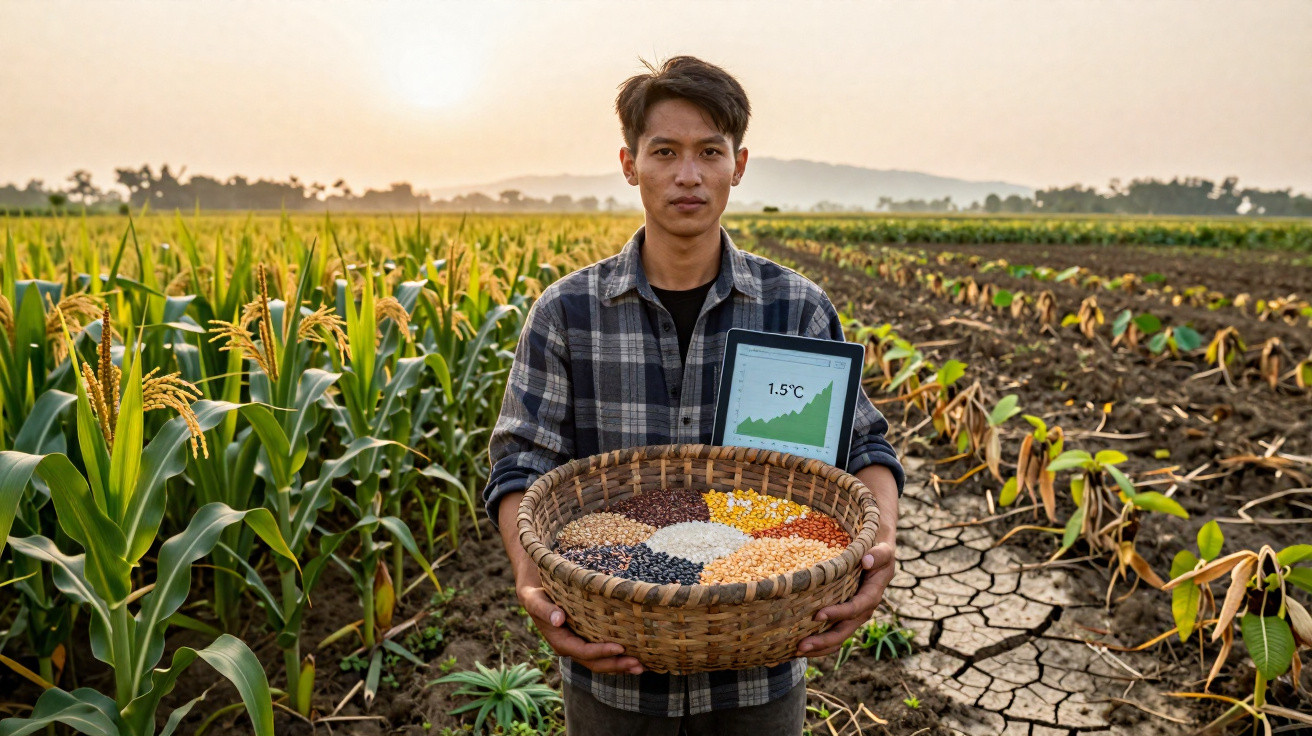 Homem em campo agrícola segurando cesta com grãos variados e tablet exibindo gráfico de temperatura.