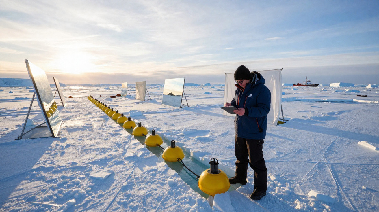 Pesquisador em roupas de frio observa equipamento amarelo e painéis em área de gelo com navio ao fundo.