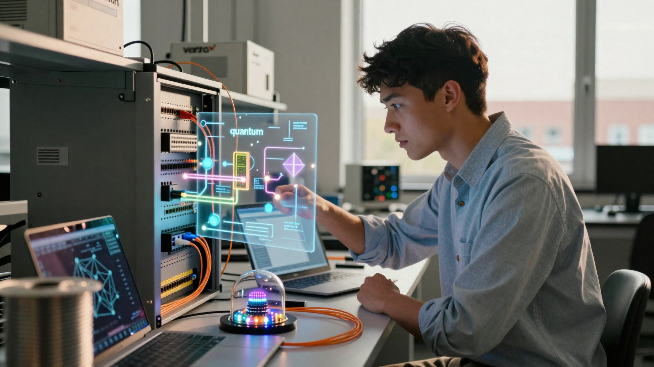 Jovem trabalhando com computador e holograma de tecnologia quântica em laboratório moderno.