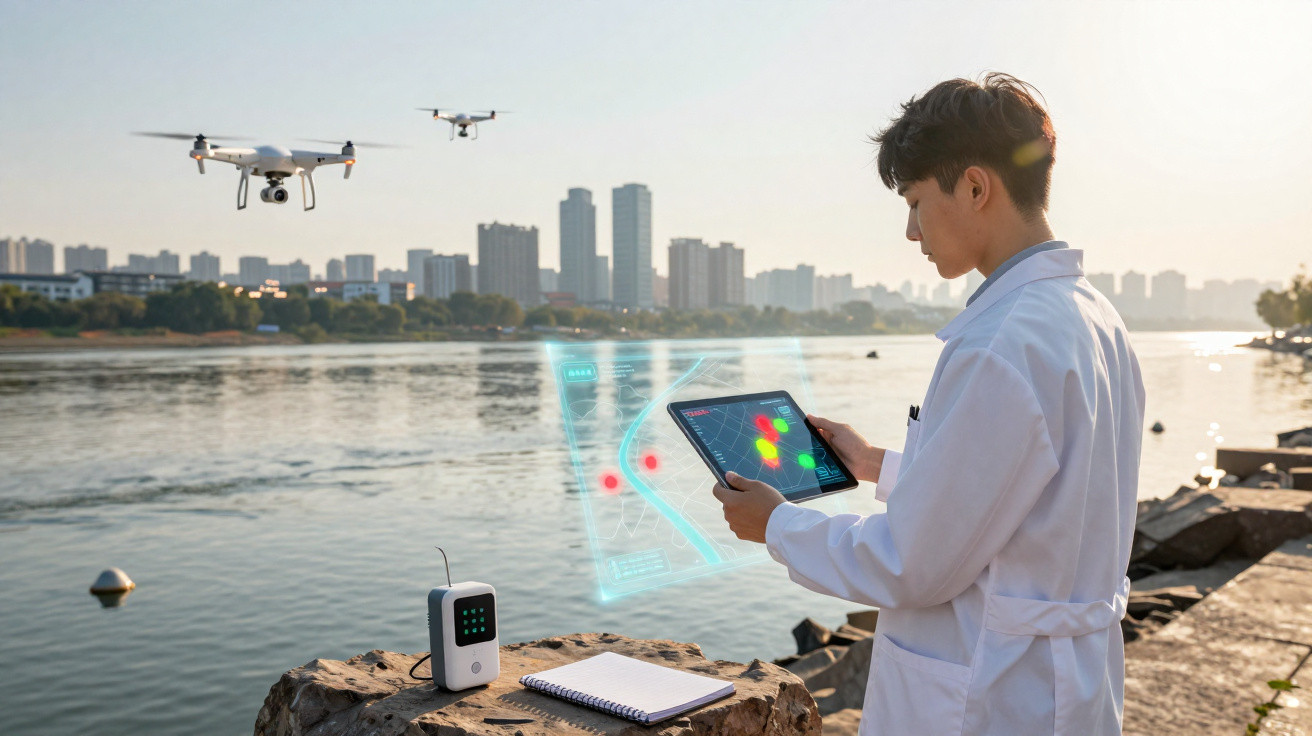 Homem com jaleco branco controla drones com tablet à beira de rio em área urbana ao pôr do sol.