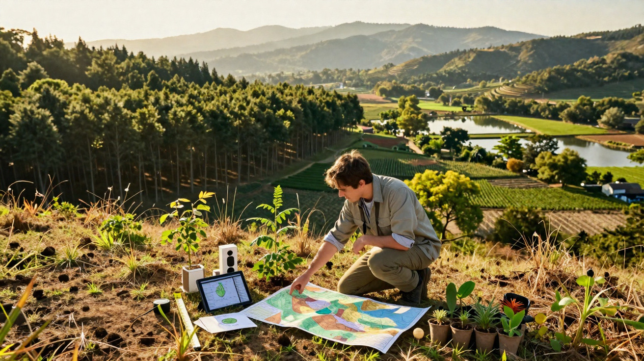Jovem analisando mapa em área rural com plantas ao redor e paisagem de colinas ao fundo no entardecer.