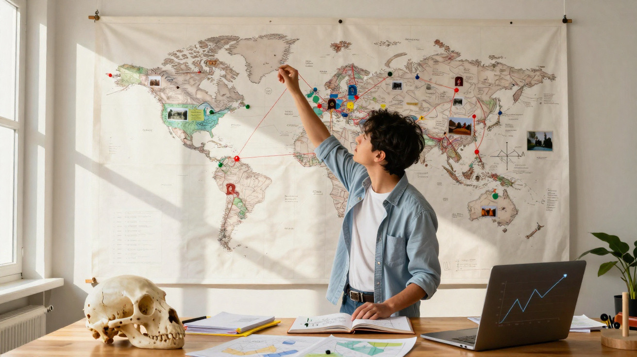 Menino marca lugares em mapa-múndi com fotos e linhas, em mesa com laptop, livros e crânio decorativo.