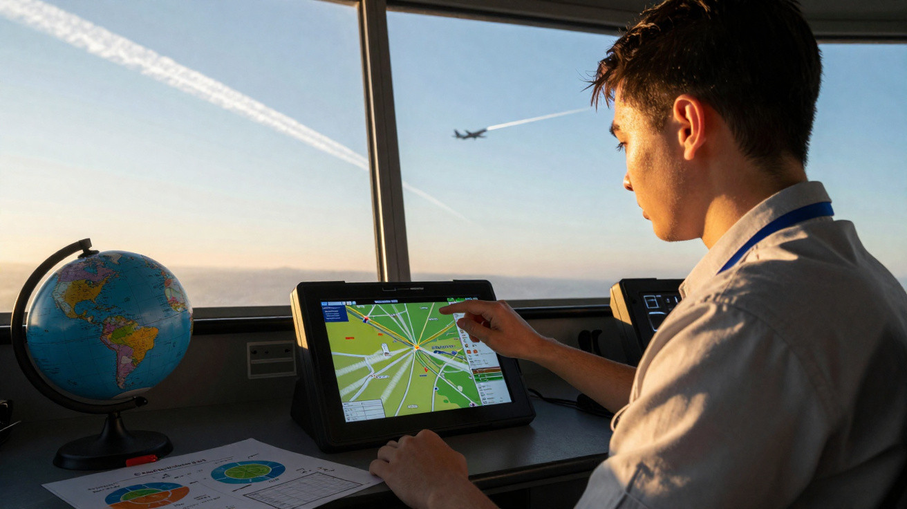 Homem operando sistema de controle de tráfego aéreo com mapa digital e globo terrestre ao lado em cabine com janela.