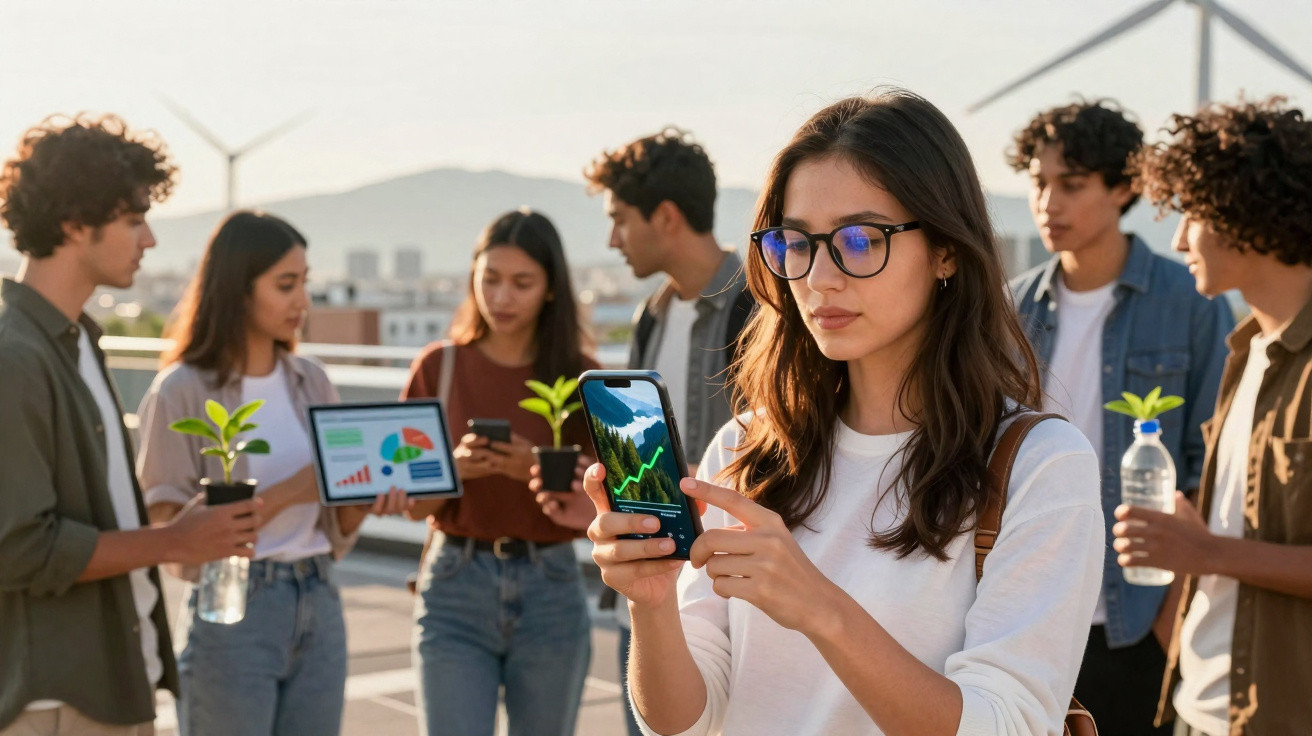 Jovens em rooftop com plantas, gráficos em dispositivos e turbinas eólicas ao fundo.