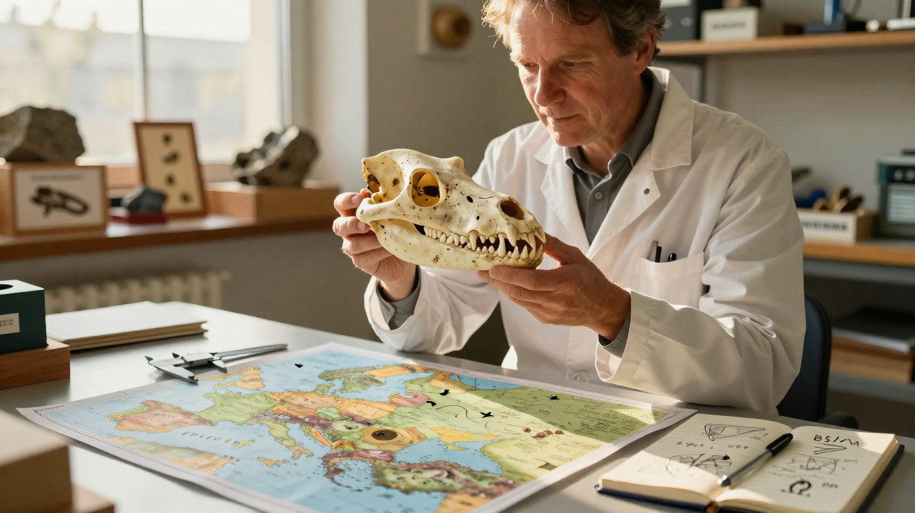 Cientista vestindo jaleco analisa crânio animal sobre mesa com mapa e anotações em caderno.