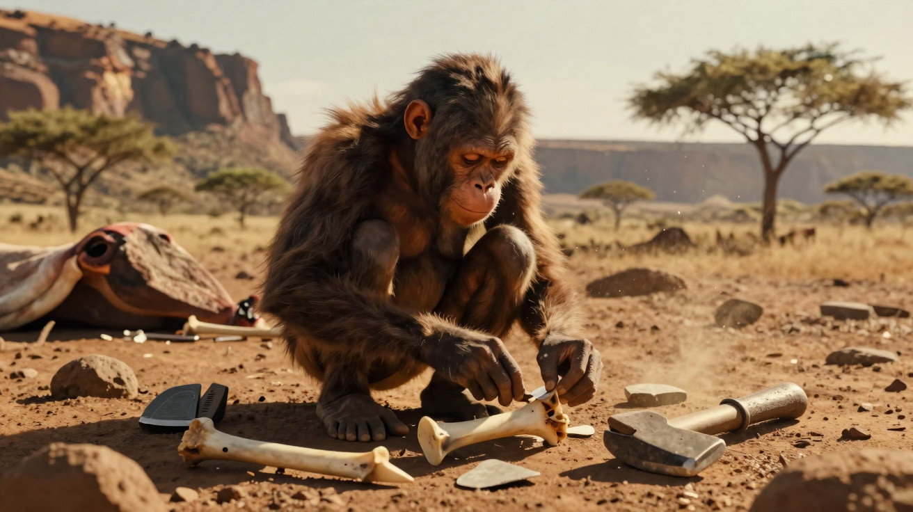 Macaco pré-histórico sentado no solo seco manipulando ossos e ferramentas de pedra em cenário de savana.