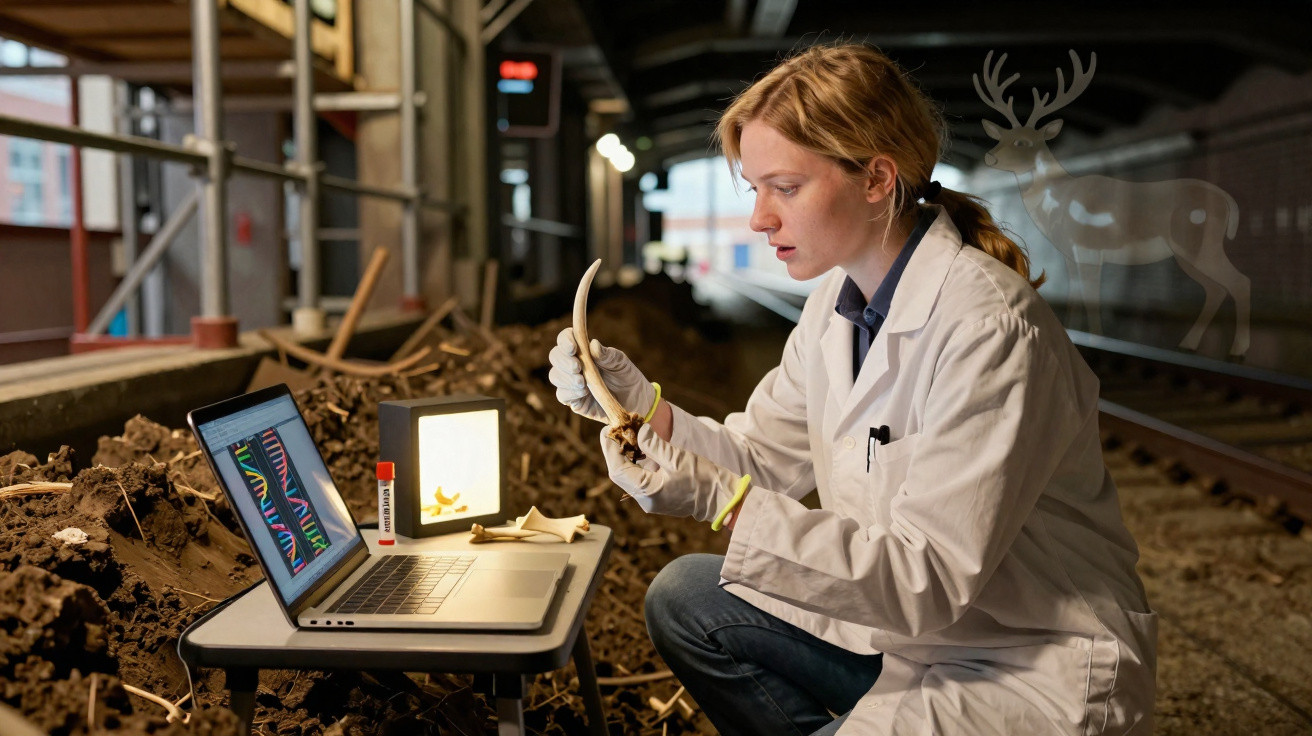 Pesquisadora em laboratório analisa osso antigo segurando na mão, com laptop mostrando sequência de DNA ao lado.
