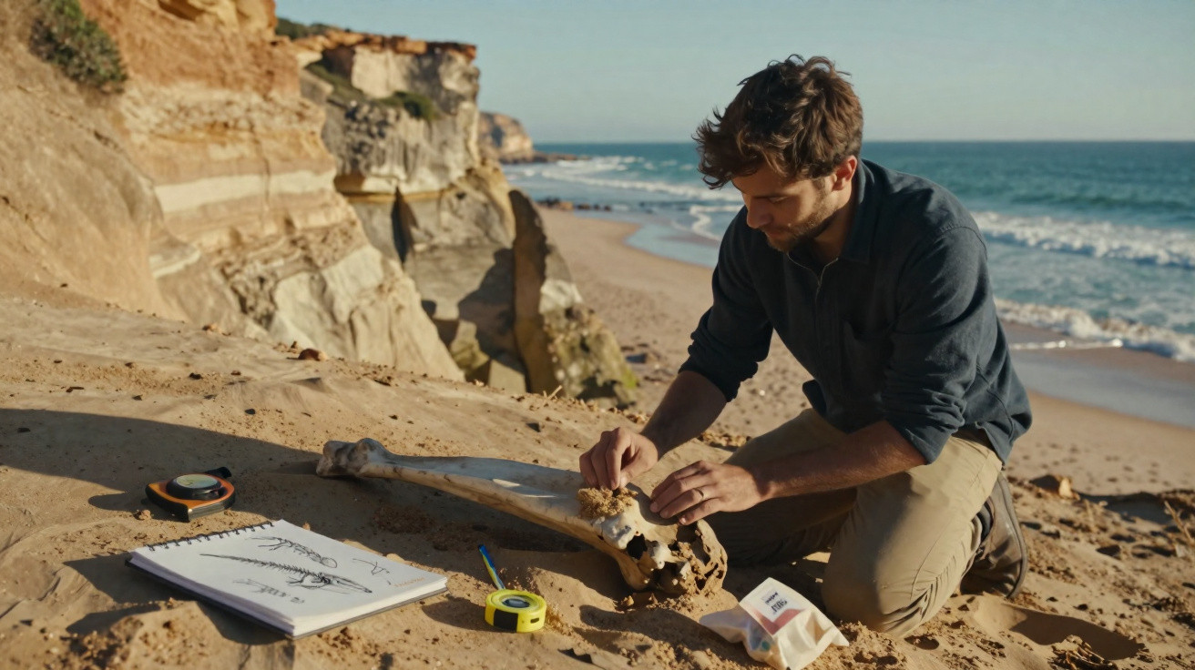 Homem analisa fóssil ósseo na areia de praia com equipamentos e desenhos ao redor.
