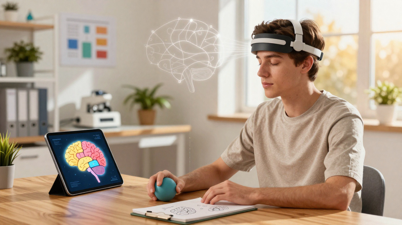 Jovem usando dispositivo de realidade aumentada estudando o cérebro com tablet e desenhos na mesa.