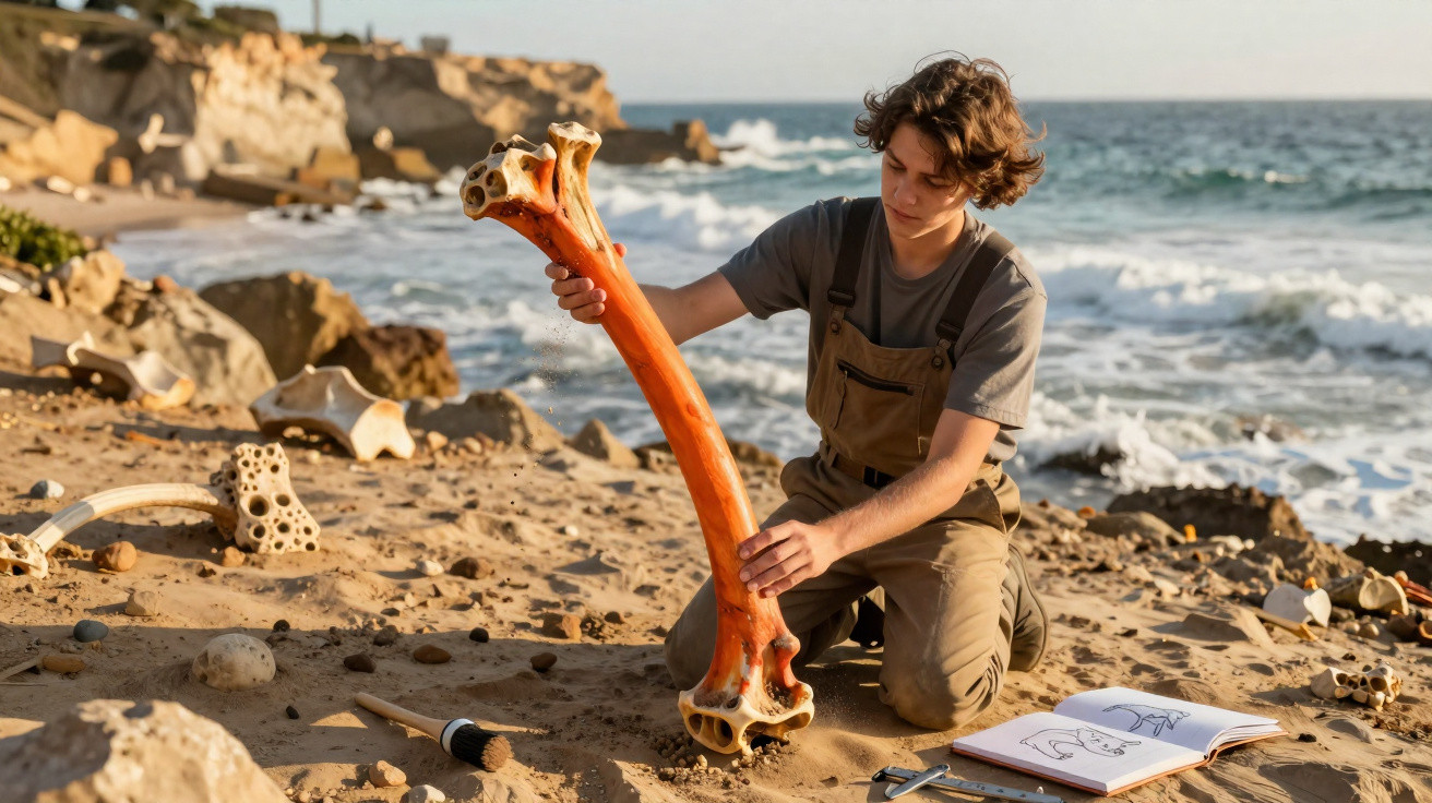 Jovem examina grande osso laranja na praia com esboços e ferramentas ao redor.