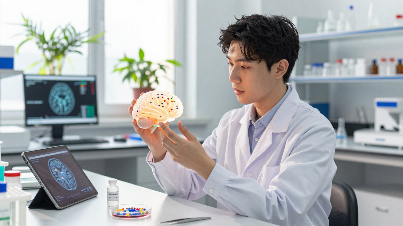Homem de jaleco branco analisa modelo do cérebro em laboratório com telas de imagens cerebrais ao fundo.