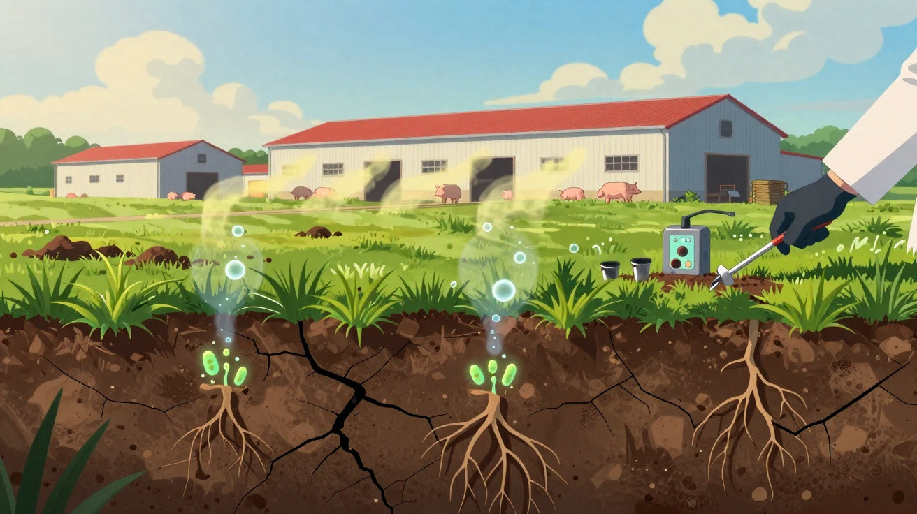 Ilustração mostrando análise do solo em uma fazenda com porcos, plantas e raiz expostas.