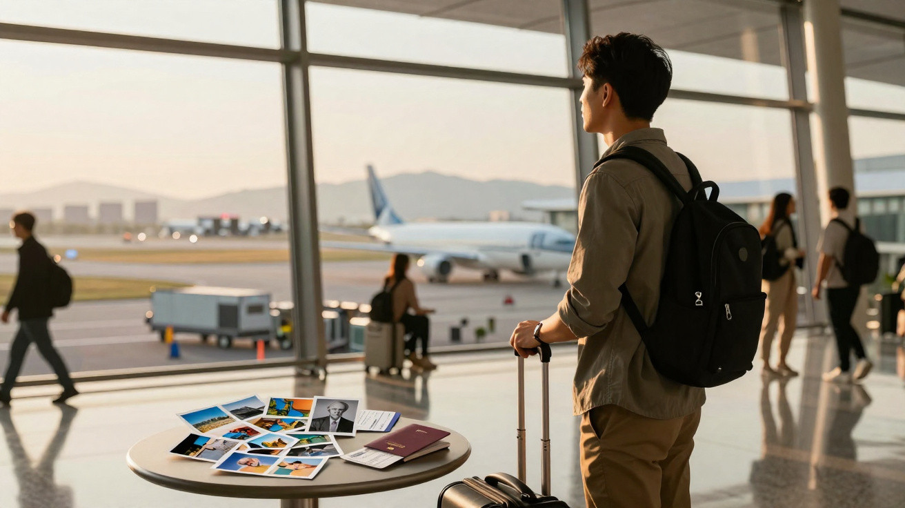 Homem com mochila e mala observa avião no aeroporto ao entardecer, com fotos e passaporte sobre mesa.