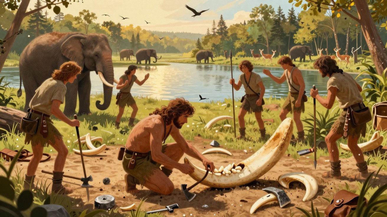 Homens pré-históricos esculpindo presas de elefante próximos a elefantes e animais selvagens à beira de um lago.