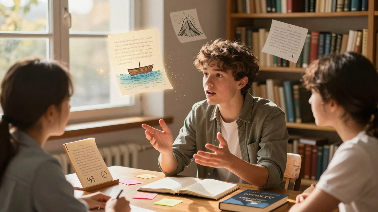 Três jovens em biblioteca discutindo enquanto imagens flutuantes de desenhos e textos aparecem no ar.