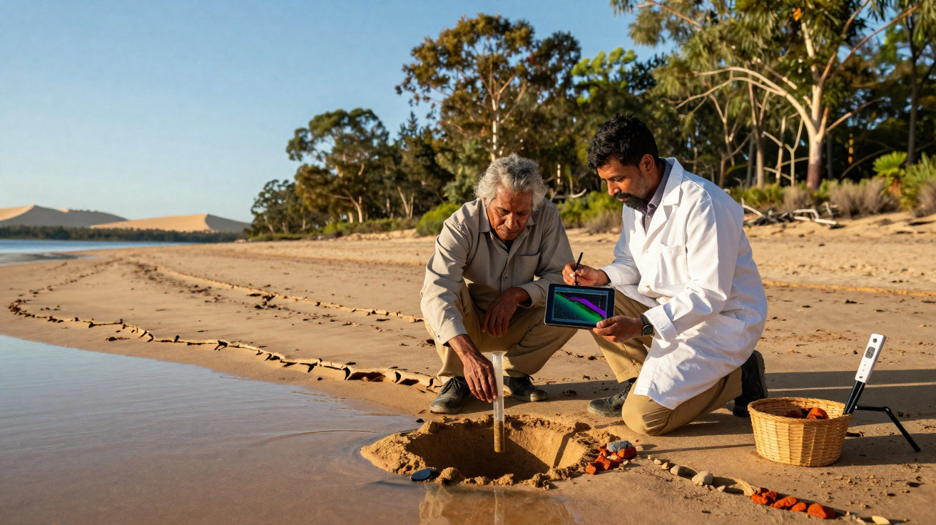Dois cientistas medem a qualidade da água de um rio em uma praia com tablet e equipamentos.