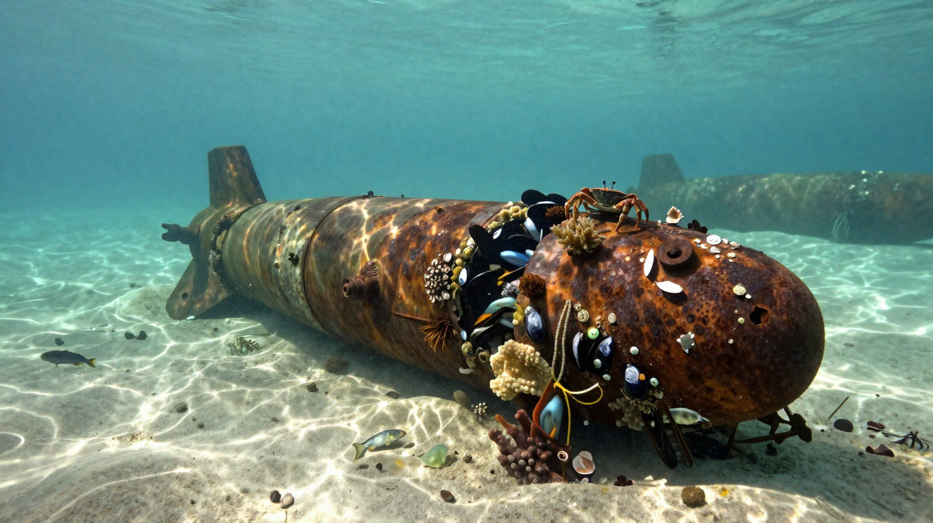 Torpedo enferrujado no fundo do mar coberto por corais, conchas e pequenos animais marinhos.