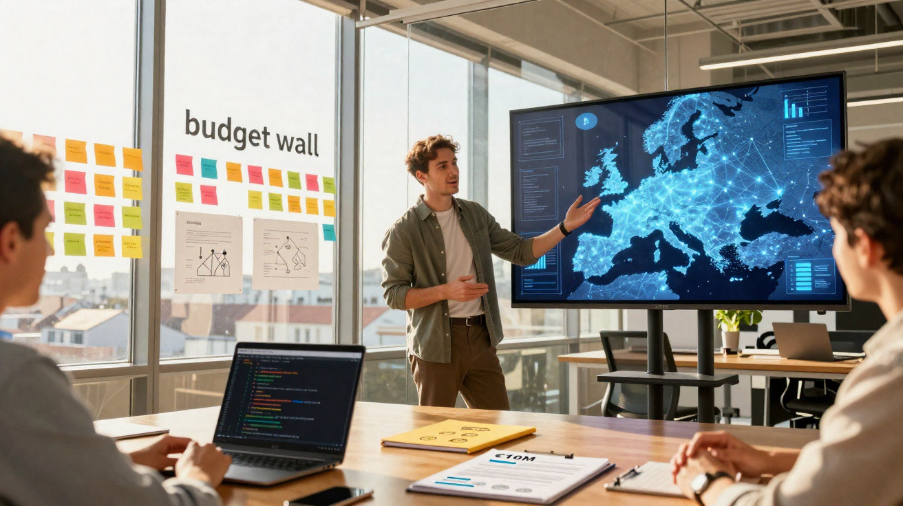 Homem apresenta dados de mapa digital da Europa para colegas em sala de reunião moderna com post-its coloridos na parede.