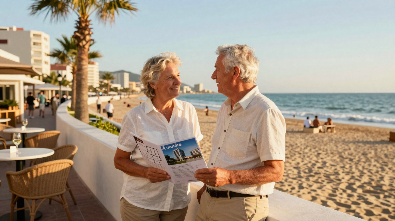 Casal de idosos conversando na orla da praia, ambos segurando um anúncio de imóvel à venda.